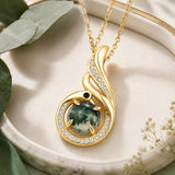 14K Gold Plated Moss Agate Pendant Necklace Boho Jewelry for Women