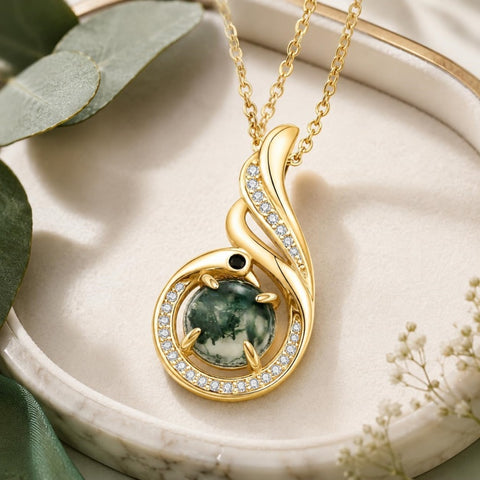 14K Gold Plated Moss Agate Pendant Necklace Boho Jewelry for Women