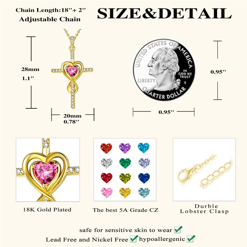 14K Gold Plated Dainty Heart Birthstone Pendant Cross Necklace for Women Religious Gift