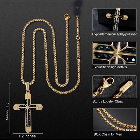 14K Gold Plated Turquoise Malachite Cross Necklace for Men Christianity Cross Jewelry