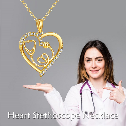 14K Gold Stethoscope Necklace Heart-Shaped Stethoscope Pendant Necklace for Doctor Nurse Medical Student Gifts