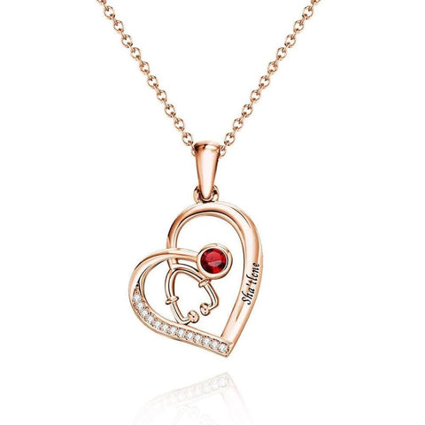 10K 14K 18K Gold Birthstone Stethoscope Pendant Necklace