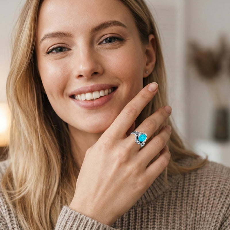 14K Gold Plated Turquoise Ring Western Jewelry Anniversary Birthday Gift for Women