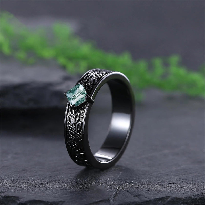 Sterling Silver 10K 14K 18K Gold Natural Leaf  Moss Agate Engagement Anniversary Couple Ring Sets