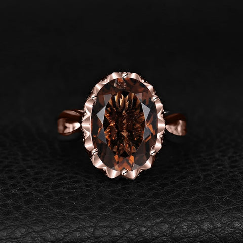 14K Gold Plated  Oval Shape 3.7CT Genuine Smoky Quartz Cocktail Rings for Her