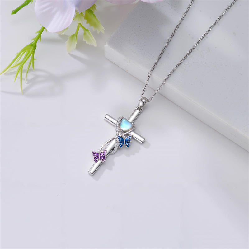 Sterling Silver Cross Moonstone Dragonfly Butterfly Bee Hummingbird Ladybug Pendant  Necklace for Women