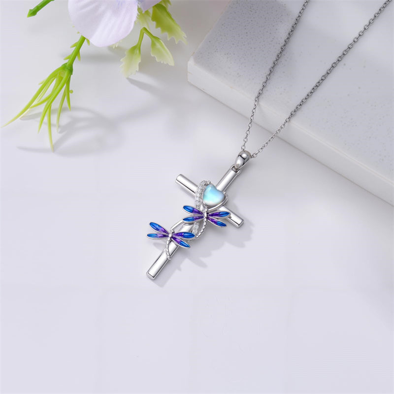Sterling Silver Cross Moonstone Dragonfly Butterfly Bee Hummingbird Ladybug Pendant  Necklace for Women