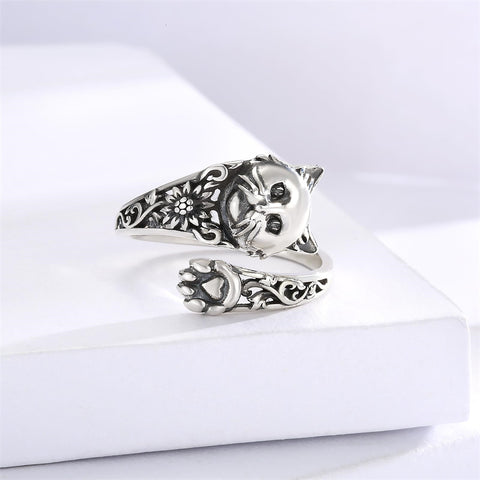 Sterling Silver Cat Adjustable Spoon Ring for Women