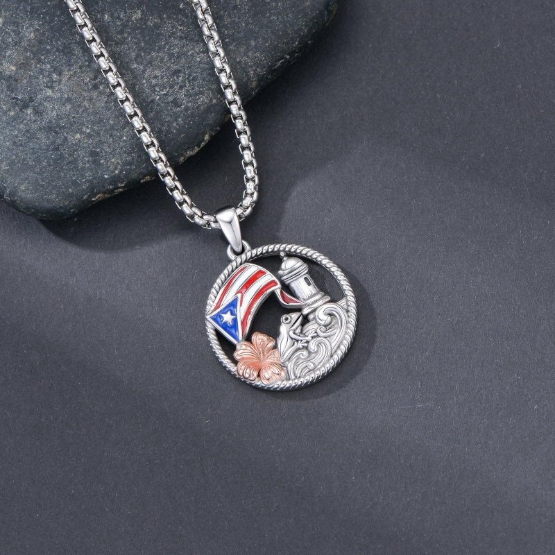 Sterling Silver Frog Flag Puerto Rico Pendant Necklace