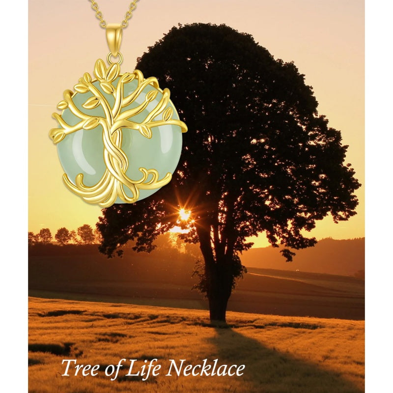 14k Gold Plated Sterling Silver Round Jade Tree of Life Necklace Good Fortune Jewelry for Women