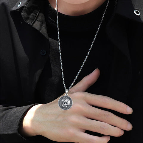 Sterling Silver Memento Mori Gothic Skull Amulet Pendant Necklace for Men