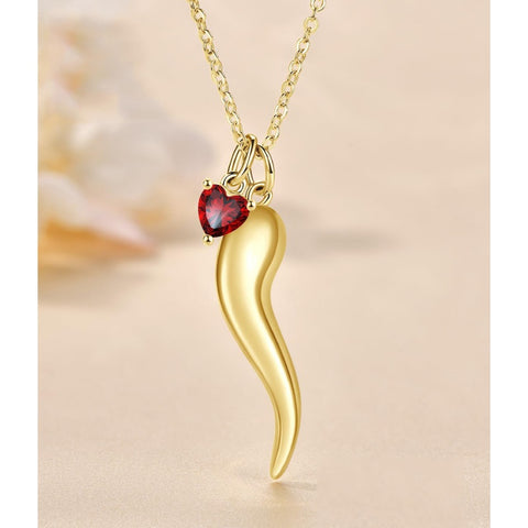 Heart Birthstone 14K Gold Plated Italian Horn Pendant Necklace Anniversary Birthday Gifts for Her