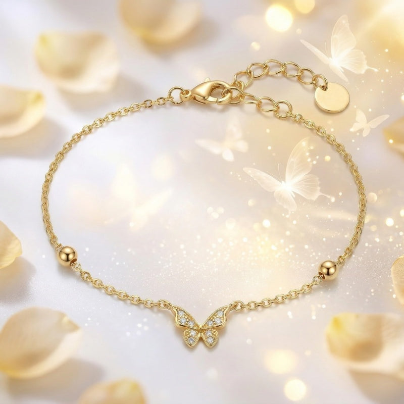 14K Gold  Plated Cubic Zirconia Butterfly Bracelet Adjustable Chain Bracelet for Her