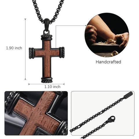 14K Gold Plated Wooden Abalone Shell Cross Pendant Necklacefor Men