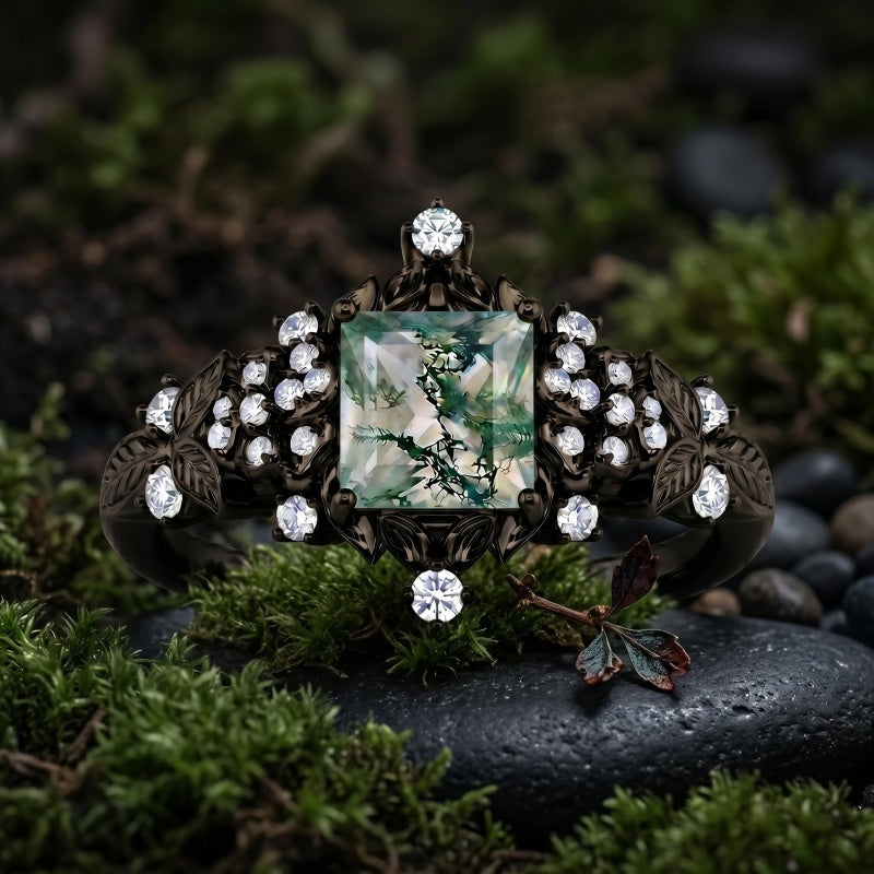 Sterling Silver 10K 14K 18K Gold 1-4CT Moss Agate Engagement Ring Promise Ring