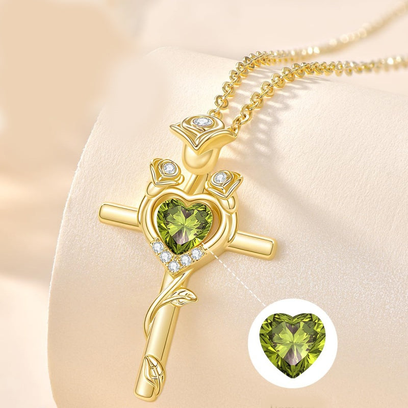 14K Gold Plated Birthstone Rose Cross Necklace for Women Faith Jewelry Gift