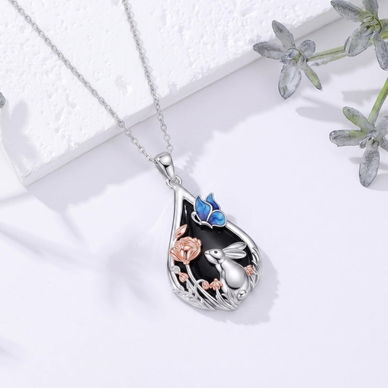 Sterling Silver Obsidian Bunny Cat Elephant Dog Fox Teardrop Pendant Necklace