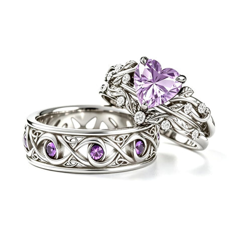 Sterling Silver 10K 14K 18K Gold Purple Gemstone Amethyst  Rings Set Couple Promise Rings Wedding Anniversary Rings