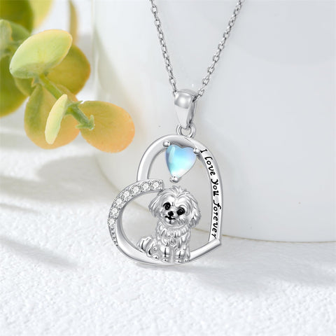 Sterling Silver Moonstone Pug Chihuahua Poodle German Shepherd Maltese Pendant Necklace Engraved wth I Love You Forever