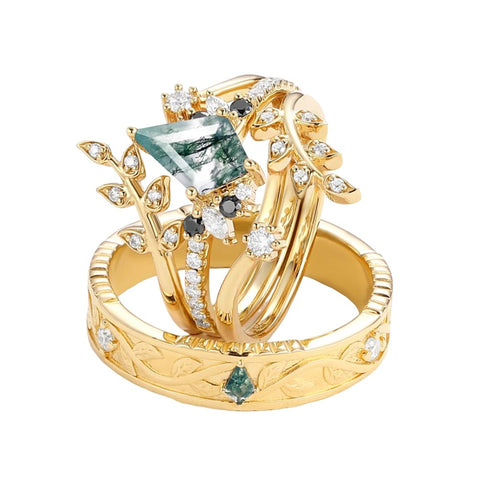 Sterling Silver10K 14K 18K Gold Natural Moss Agate Branch Leafy Couples Rings Set