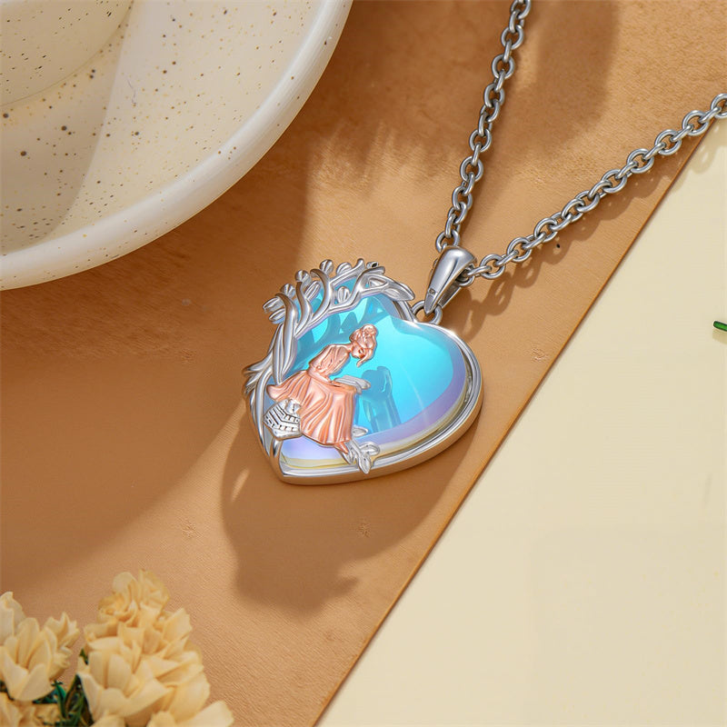 Sterling Silver Moonstone Tree of Life Art Book Pendant Necklace for Book Lover