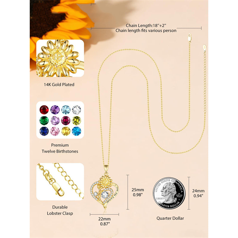 Sterling Sliver Birthstone Love Heart & Sunflower Pendant Necklace Engraved With You Are My Sunshine