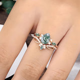 Sterling Silver 2CT Moss Agate  Engagement Wedding Ring Sets for Women