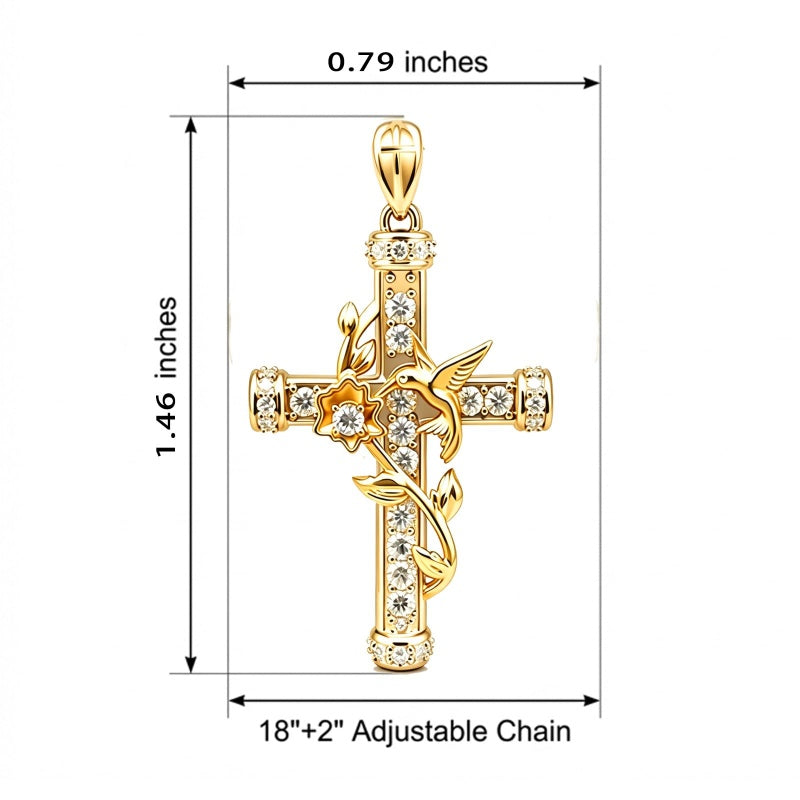14K Gold Plated Cubic Zirconia Hummingbird Cross Necklace for Women Inspirational Jewelry Birthday Gift