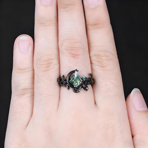 Sterling Silver 2CT Moss Agate  Engagement Wedding Ring Sets for Women