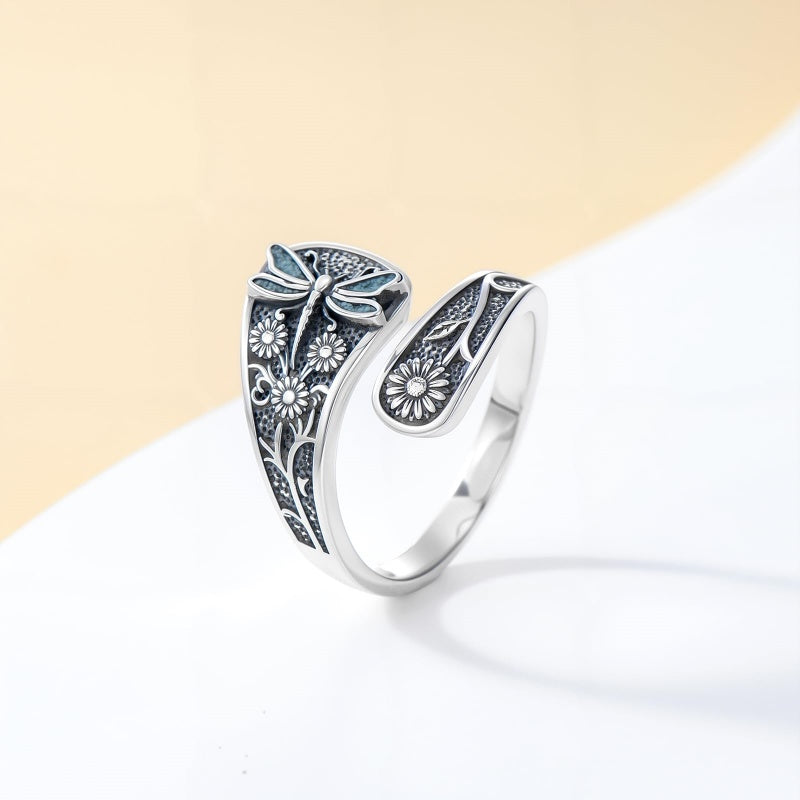 Sterling Silver Turquoise Hummingbird Butterfly Sunflower Adjustable Spoon Ring
