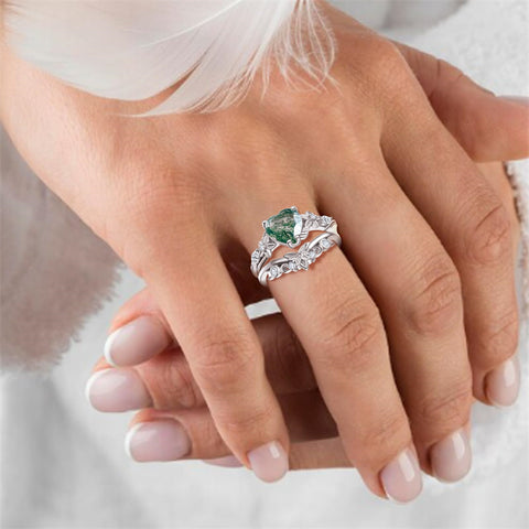 Sterling Silver 10K 14K 18K Gold Heart Moss Agate Opal Cubic Zirconia Promise Rings For Women