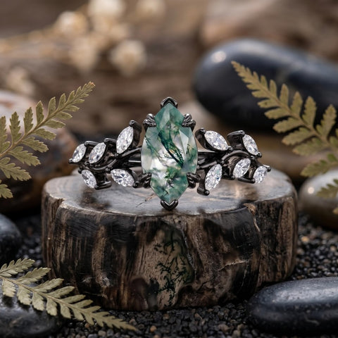 Sterling Silver 10K 14K 18K Gold 1-4CT Moss Agate Engagement Ring Promise Ring