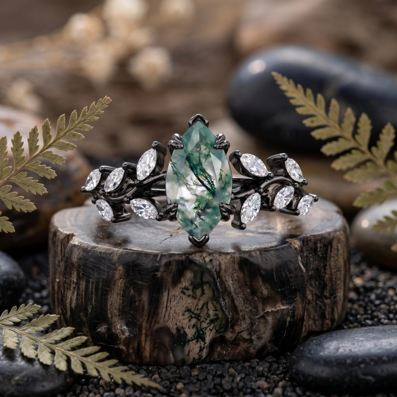 Sterling Silver 10K 14K 18K Gold 1-4CT Moss Agate Engagement Ring Promise Ring