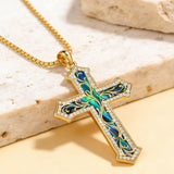14K Gold Plated Turquoise  Abalone Shell Malachite Wood Filigree Cross Pendant Necklace