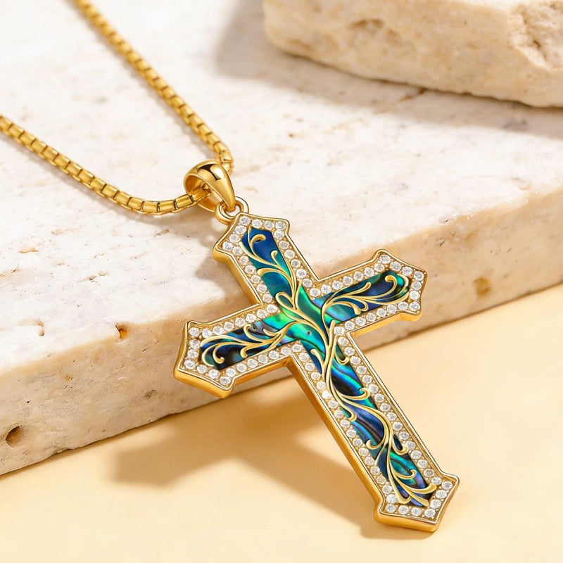 14K Gold Plated Turquoise  Abalone Shell Malachite Wood Filigree Cross Pendant Necklace