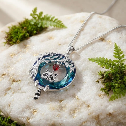 Sterling Silver Blue Crystal  Tree of Life Raccoon Bunny Cat Corgi  Pendant  Necklace  Anniversary Birthday Gifts