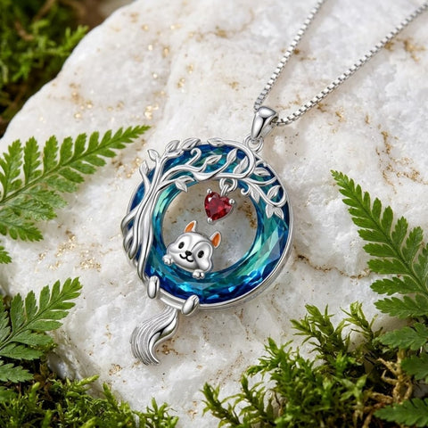 Sterling Silver Blue Crystal  Tree of Life Raccoon Bunny Cat Corgi  Pendant  Necklace  Anniversary Birthday Gifts