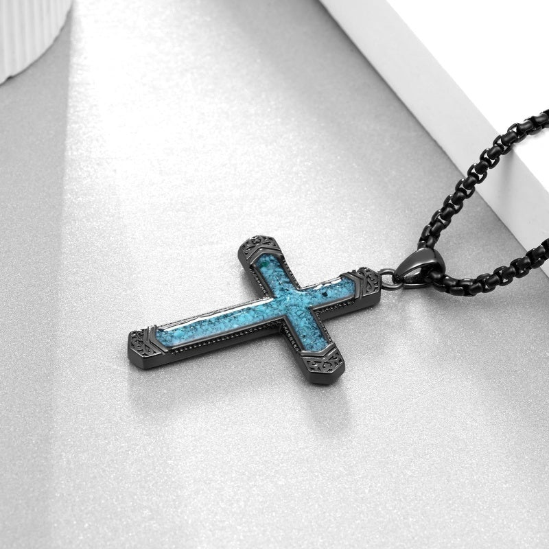 14K Gold Plated Turquoise Malachite Abalone Shell Cross Pendant Necklace for Men