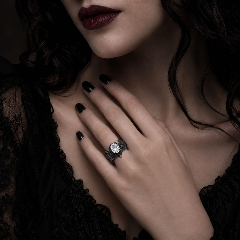 Sterling Silver 10K 14K 18K Gold Moissanite Gothic Black  Engagement Wedding Ring  for Women Halloween Gift
