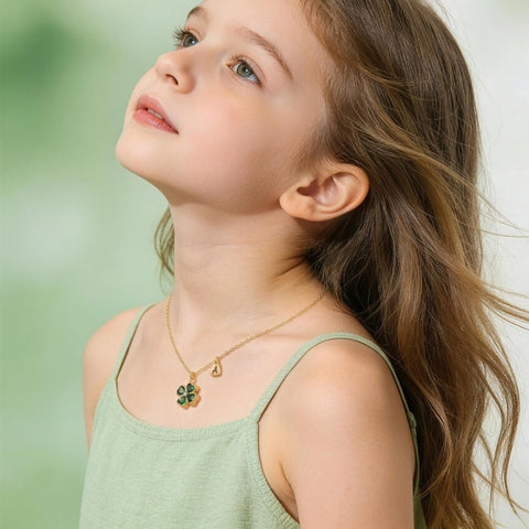 14K Gold Plated Initial Four Leaf Clover Pendant Necklace