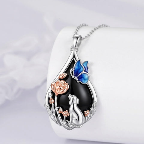 Sterling Silver Obsidian Bunny Cat Elephant Dog Fox Teardrop Pendant Necklace