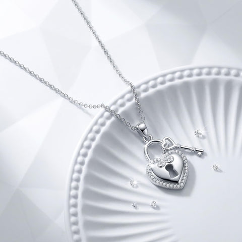 Sterling Silver Key Padlock Heart Key Lock Pendant Love Necklace Jewelry for Women Valentine's Day Birthday Gift