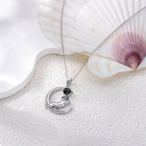 Sterling Silver Moss Agate Moon Otter Pendant Necklace