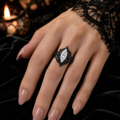 Sterling Silver 10K 14K 18K Gold Moissanite Gothic Black  Engagement Wedding Ring  for Women Halloween Gift