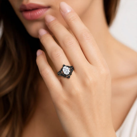 Sterling Silver 10K 14K 18K Gold Moissanite Gothic Black  Engagement Wedding Ring  for Women Halloween Gift