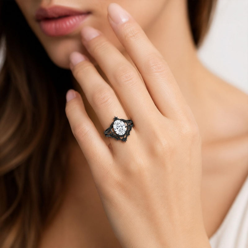 Sterling Silver 10K 14K 18K Gold Moissanite Gothic Black  Engagement Wedding Ring  for Women Halloween Gift
