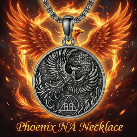 Sterling Silver Phoenix Rising Pendant Necklace NA/AA Sobriety Jewelry