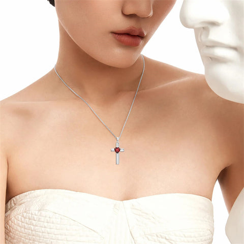 Sterling Silver 12 Birthstones Cross Religious Necklace for Women