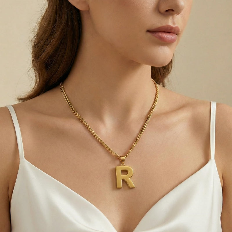 Initial Pendant Necklace 14K Gold Plated with Cuban Chain