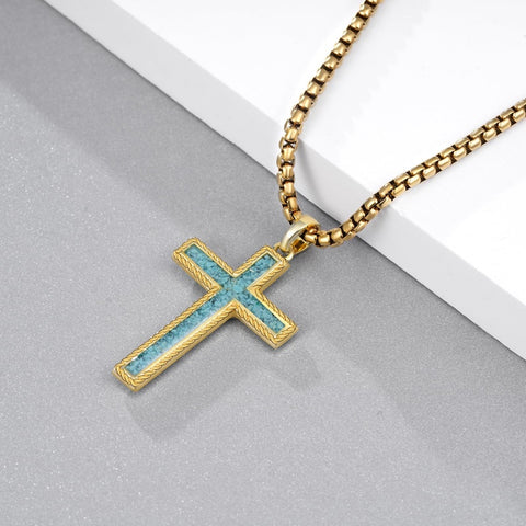 14K Gold Plated Turquoise Malachite Abalone Shell Cross Pendant Necklace for Men